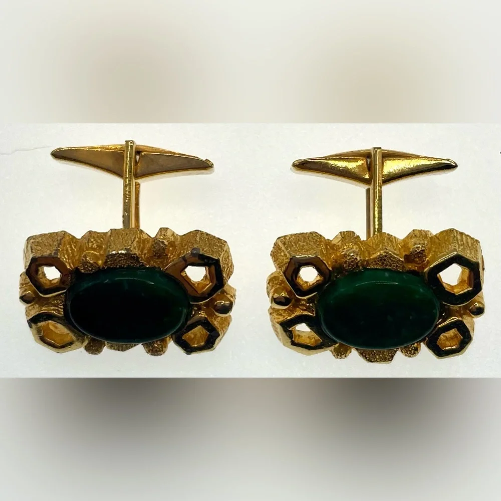 Vintage Gold Tone Rectangular Open Work Cufflinks with Green Oval Gem Center